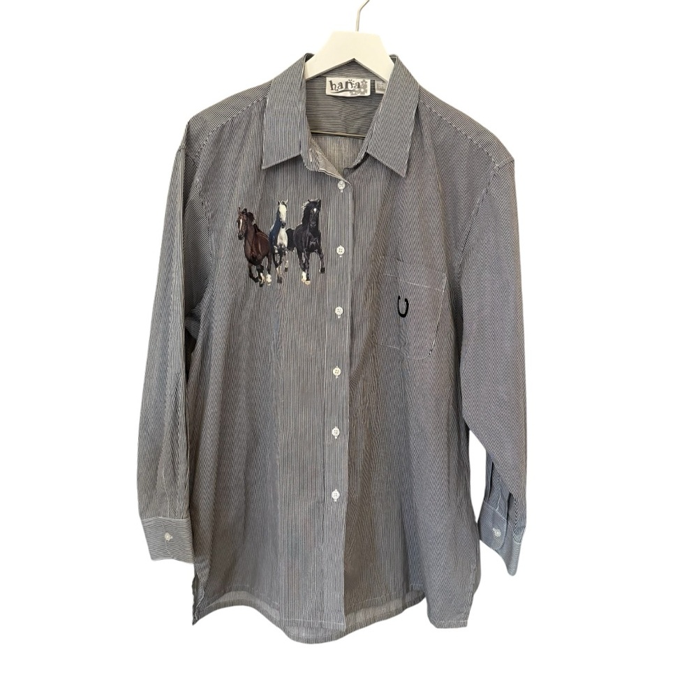 Vintage Hana Horse Print Equestrian Pinstripes Button Down Long Sleeve Shirt XL